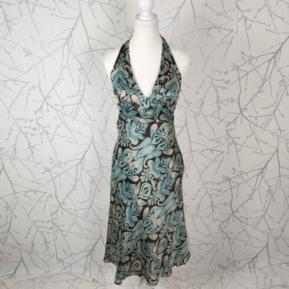 RW & Co Paisley Print Silk Satin Halter Babydoll Midi Dress